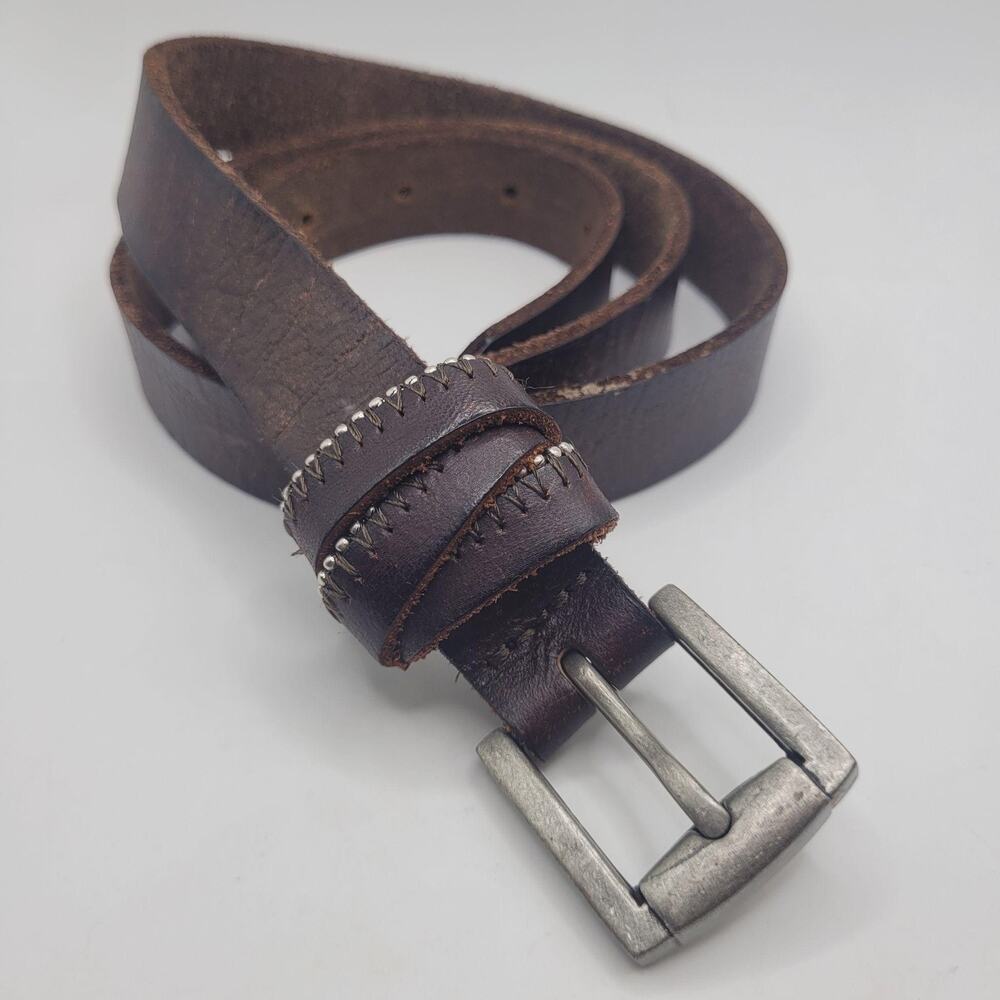 Brown Leather Belt Medium Studded Wrap Buckle Distressed Casual Rugged Boho